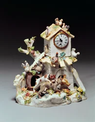 Reloj de granja de porcelana de Chelsea, período Red Anchor, c.1755